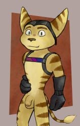 1boy abstract_background absurd_res anthro bottomless brown_body brown_fur clothed clothing flaccid foreskin fur genitals gloves green_eyes grin handwear harness hat headgear headwear hi_res led_light lombax looking_at_viewer male male_only mammal penis ratchet_(ratchet_and_clank) ratchet_and_clank smile solo sony_corporation sony_interactive_entertainment stripes tail tail_tuft tuft tuubi