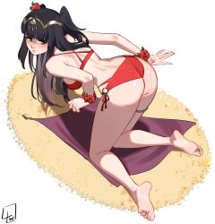 1girls absurdres alternate_costume ass bare_shoulders barefoot bent_over big_ass bikini black_hair breasts cape censored censored_feet feet female female female_only fire_emblem fire_emblem_awakening fire_emblem_heroes flower hair_ornament highres l4wless legs long_hair looking_back medium_breasts nintendo o-ring official_alternate_costume red_bikini red_swimsuit signature simple_background soles solo swimsuit tharja_(fire_emblem) tharja_(summer)_(fire_emblem) tiara toes two_side_up white_background