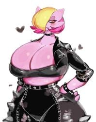 1girls big_breasts biker blushing breasts cleavage clothed clothing female gabby_(character) gabby_(docbats) gardevoir hair_over_one_eye hearts_around_head huge_ass huge_breasts leather_clothing leather_jacket nintendo pokemon pokemon_(species) smug smug_grin solo solo_female spiked_bracelet spiked_collar spikes usa37107692