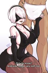 1boy 1girls artist_name breasts busty dress english_text female female_focus human kinky_chan male nier nier:_automata no_visible_genitalia open_mouth partial_male penis penis_bulge short_hair sitting straight underwear yorha_2b