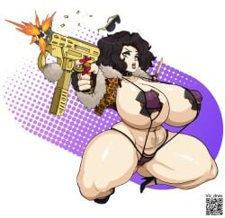 animal_print belly bimbo brown_hair firing firing_weapon gun high_heels huge_breasts huge_nipples huge_thighs jacket jumping knife makeup mole mole_on_breast mole_under_eye oc original_character pasties shooting short_hair sling_bikini slingshot_swimsuit slut slutty_clothing slutty_outfit tattoo thick_hips thick_legs thick_lips thick_thighs vic_drws victoria_cosllet