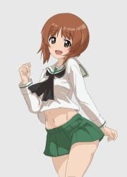 1girls 2020s 2023 black_neckerchief blouse blush breasts brown_eyes brown_hair female girls_und_panzer green_skirt grey_background hips light-skinned_female light_skin long_sleeves looking_at_viewer mal_(malmlamal) medium_breasts midriff miniskirt navel neckerchief nishizumi_miho ooarai_school_uniform open_mouth school_uniform schoolgirl serafuku shirt short_hair simple_background skirt smile solo standing teenage_girl teenager thighs