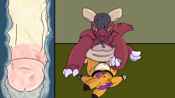 16:9 anal anal_sex bodily_fluids clothing cum duo erection feral generation_1_pokemon genital_fluids genitals hi_res inflation kangaskhan lemonoki male male/male nintendo penetration penis pikachu pokemon pokemon_(species) reptile scalie sex size_difference small_dom_big_sub widescreen