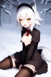 1girls ai_generated breast_window medium_breasts snow sole_female white_hair wolf_ears wolf_girl