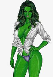 1girls big_breasts cleavage color drawn ed_benes_studio female female_only green_eyes green_hair green_skin hulk_(series) long_hair looking_at_viewer marvel marvel_comics panties pokies seductive_look she-hulk solo solo_female unbuttoned_shirt voluptuous voluptuous_female