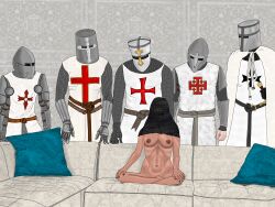 1girls 5boys alternate_version_at_source arabian armor black_nails burka chainmail cross crusader dark-skinned_female helmet imminent_gangbang interracial knight medieval medieval_armour meme muslim muslim_female painted_nails pillowjock piper_perri_surrounded religion self_upload sitting_on_couch unseen_male_face