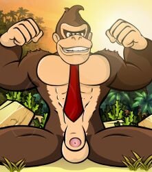 1boy 2017 5_fingers abs anthro anthro_only arms_up balls brown_eyes brown_fur brown_hair donkey_kong donkey_kong_(series) fist fists fists_clenched flaccid flexing flexing_arms flexing_both_biceps flexing_muscles foreskin front_view fur furry garyu genitals grass grin grinning grinning_at_viewer humanoid_genitalia humanoid_penis legs_apart legs_spread looking_at_viewer male male_only mammal muscular muscular_anthro muscular_male naked nude outdoors outside partially_retracted_foreskin pecs penis primate rock sitting smile smiling smiling_at_viewer solo spread_legs sun sunset teeth tie uncircumcised uncut