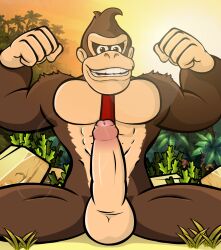 1boy 2017 5_fingers abs anthro anthro_only arms_up balls big_penis brown_eyes brown_fur brown_hair donkey_kong donkey_kong_(series) erection fist fists fists_clenched flexing flexing_arms flexing_both_biceps flexing_muscles foreskin front_view fur furry garyu genitals grass grin grinning grinning_at_viewer humanoid_genitalia humanoid_penis legs_apart legs_spread looking_at_viewer male male_only mammal muscular muscular_anthro muscular_male naked nude outdoors outside partially_retracted_foreskin pecs penis primate rock sitting smile smiling smiling_at_viewer solo spread_legs sun sunset teeth tie uncircumcised uncut