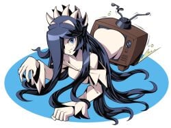 alternate_costume ass black_hair blue_eyes crawling dress female filia_(skullgirls) long_hair looking_at_viewer pechamaju skullgirls solo sweatdrop television the_ring through_screen yamamura_sadako yamamura_sadako_(cosplay)