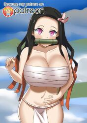 1girls alternate_breast_size atz-zukin big_breasts black_hair demon_girl demon_slayer front_view fundoshi huge_breasts kamado_nezuko kimetsu_no_yaiba loincloth long_hair looking_at_viewer multicolored_hair oni orange_hair pink_eyes sarashi thick_thighs thin_waist