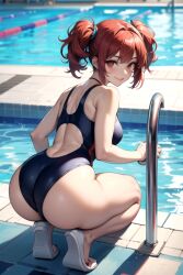 1girls ai_generated ass_focus back_view big_ass big_butt blue_swimsuit competition_swimsuit fat_ass female huge_ass keijo!!!!!!!! large_ass large_butt looking_back red_hair smile squatting swimming_pool swimsuit thick_ass thick_thighs toyoguchi_non