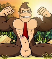 1boy 2017 5_fingers abs anthro anthro_only arms_up balls brown_eyes brown_fur brown_hair donkey_kong donkey_kong_(series) erection fist fists fists_clenched flexing flexing_arms flexing_both_biceps flexing_muscles foreskin front_view fur furry garyu genitals grass grin grinning grinning_at_viewer humanoid_genitalia humanoid_penis legs_apart legs_spread looking_at_viewer male male_only mammal muscular muscular_anthro muscular_male naked nude outdoors outside partially_retracted_foreskin pecs penis primate rock semi-erect sitting smile smiling smiling_at_viewer solo spread_legs sun sunset teeth tie uncircumcised uncut