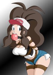 ball_gag big_ball_gag big_breasts big_gag bondage bound drooling gag gagged gagged_drooling hilda_(pokemon) pokemon pokemon_bw raya100 rope rope_bondage shorts