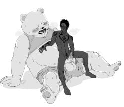 2023 anthro balls bear bepo blush bottomwear clothing erection feet genitals hi_res human human_on_anthro interspecies male male/male male_only mammal minkmen_(one_piece) monochrome musclegut nekokat42 one_piece penis polar_bear shorts sitting tattoo trafalgar_law ursine