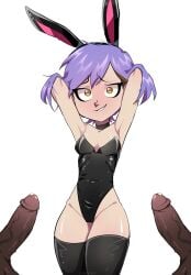 1girls 2boys amity_blight bunny_ears bunnysuit disembodied_penis disney female izaroart light-skinned_female light_skin looking_at_viewer male penis purple_hair smile smiling smiling_at_viewer solo the_owl_house white_background yellow_eyes