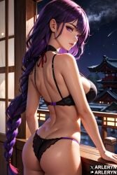 1girls ai_generated arleryn ass black_bra black_panties bra genshin_impact lingerie pagoda panties purple_eyes purple_hair raiden_shogun stable_diffusion underwear violet_eyes violet_hair window