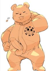 2023 anthro balls bear bepo blush closed_eyes clothed clothing erection genitals kemono male male_only mammal masshiro minkmen_(one_piece) one_piece overweight overweight_male penis polar_bear simple_background solo ursine white_background