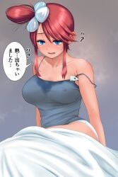 1girls bed_sheet big_breasts blue_eyes blush breasts collarbone covered_nipples erect_nipples fever flower grey_background hadairo_rainbow hair_flower hair_ornament large_breasts off_shoulder panties panty_peek parted_lips pokemon pokemon_bw red_hair sidelocks simple_background sitting skyla_(pokemon) speech_bubble stained_clothes steam steaming_body strap_slip sweat sweat_stain sweaty_clothes swept_bangs tank_top text text_bubble thermometer translation_request underwear