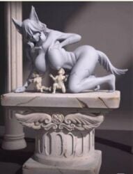 1girls 2boys animal_ears breast_squeeze breastfeeding completely_nude female large_breasts male nipples on_all_fours remus roman_mythology romulus statue wolf_ears wolf_girl wolf_tail