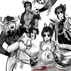 1boy 1girls big_breasts blood bodily_fluids breast_grab butterfly_hair_ornament clothed_male_nude_female creepy cum defeated demon_boy demon_slayer douma drooling female femsub gore guro haori happy kimetsu_no_yaiba kochou_shinobu lactation larger_male male maledom monochrome multiple_scenes penis pregnant rape smaller_female uniform vaginal_penetration violatricolo