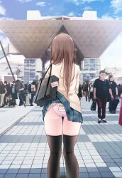 1girls 2020s 2023 ass back-print bag black_thighhighs blue_sky breasts brown_hair clothes_lift cloud day feet_out_of_frame female from_behind hi_res kneepits knees_together_feet_apart light-skinned_female light_skin long_hair looking_at_viewer medium_breasts miniskirt multiple_others neckerchief ol-chan_(oouso) oouso original outdoors panties pink_panties plaid plaid_panties pleated_skirt school_uniform schoolgirl shoulder_bag sidelocks skindentation skirt skirt_caught_on_bag skirt_lift sky solo_focus standing sweat sweatdrop teenage_girl teenager thigh_gap thighhighs thighs tile_floor tiles tokyo_big_sight underwear