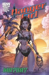 bikini black_bikini blue_eyes brown_belt brown_hair danger_girl danger_girl:_mayday idw_comics john_royle knife knife_sheath long_hair looking_at_viewer muscular_thighs secret_agent small_waist sunset sydney_savage watch whip