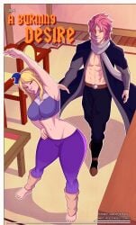 ascended_cake big_ass big_breasts big_butt comic cover_page dantheman fairy_tail fit_female lucy_heartfilia muscular_male natsu_dragneel skimpy_clothes skimpy_outfit yoga yoga_pants