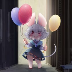 alley animal_ears balloon bbb_(33kudo) blue_capelet blush capelet commentary_request crystal egg_vibrator eyes_visible_through_hair female flat_chest full_body grey_hair grey_skirt grey_vest hair_between_eyes highres holding holding_balloon jewelry long_sleeves looking_at_viewer medium_bangs mouse_ears mouse_girl mouse_tail nazrin no_panties object_insertion open_mouth pendant red_eyes sex_toy shirt short_hair skirt smile solo standing tail touhou vaginal_object_insertion vaginal_penetration vest vibrator vibrator_in_thigh_strap white_shirt