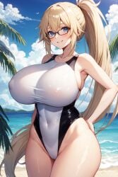 1girls ai_generated beach blonde_hair blue_eyes breasts competition_swimsuit fate/grand_order fate_(series) female glasses hips huge_breasts jeanne_d'arc_(fate) jeanne_d'arc_(swimsuit_archer) light-skinned_female light_skin long_hair one-piece_swimsuit outdoors ponytail stable_diffusion swimsuit thick_thighs thighs wide_hips