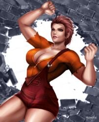 1female alternate_version_available biceps big_breasts breasts brick_wall broken_wall brown_eyes brown_hair cleavage disney flowerxl genderswap_(mtf) huge_breasts looking_at_viewer low_angle_view muscular_female orange_shirt pale-skinned_female pale_skin pink_lipstick ralph_(wreck-it_ralph) ralph_breaks_the_internet red_pants rule_63 short_hair slim_waist standing strong_woman suspenders watermark wreck-it_ralph