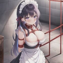 ai_generated benmccannon_(artist) bondage bondage brick_wall collar maid maid_headdress maid_uniform purple_hair ribbon rope rope_bondage slave