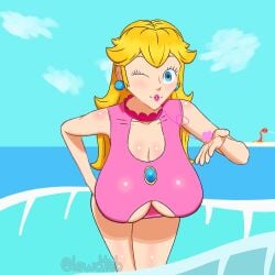 1girls beach big_breasts blonde_hair blowing_kiss blue_eyes breasts busty cleavage cleavage_cutout clothing_cutout female female_only hand_on_own_hip heart highres huge_breasts large_breasts leaning_forward legs long_hair looking_at_viewer mario_(series) nintendo ocean one-piece_swimsuit one_eye_closed princess princess_peach proto_piranha puckered_lips super_mario_sunshine swimsuit thighs voluptuous water wink