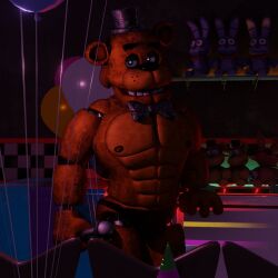 abs animatronic bear black_bow black_bow_tie black_bowtie black_clothing black_hat black_headwear black_nose black_underwear blue_eyes bow_accessory bow_tie brown_body brown_fur bulge clothing five_nights_at_freddy's freddy_(fnaf) fur hat headgear headwear hi_res humanoid machine male male_only mammal microphone muscular muscular_male nipples polishbonnie robot robot_humanoid scottgames solo underwear