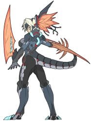 armor armored_bodysuit black_armor black_bodysuit blonde_hair bodysuit breasts dinomorphia_kentregina dinosaur_girl duel_monster female hand_up headgear mechanical_tail short_hair tail yu-gi-oh!