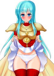 1girls :o armor ass_visible_through_thighs blue_eyes blue_hair boots breasts cape clothes_lift eirika_(fire_emblem) female female_only fire_emblem fire_emblem:_the_sacred_stones lifted_by_self long_hair looking_at_viewer nintendo palmonfuyu panties presenting skirt skirt_lift small_breasts solo thigh_boots underwear upskirt very_long_hair white_panties