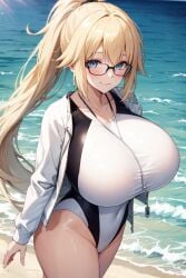 1girls ai_generated beach blonde_hair blue_eyes breasts competition_swimsuit fate/grand_order fate_(series) female glasses hips huge_breasts jeanne_d'arc_(fate) jeanne_d'arc_(swimsuit_archer) light-skinned_female light_skin long_hair one-piece_swimsuit outdoors ponytail stable_diffusion swimsuit thick_thighs thighs wide_hips