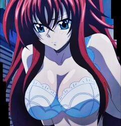 1girls ai_generated arms_behind_back bad_quality big_breasts blue_eyes bra breasts busty cleavage female female_only high_school_dxd highres jpeg_artifacts large_breasts long_hair red_hair rias_gremory solo underwear undressing voluptuous white_bra