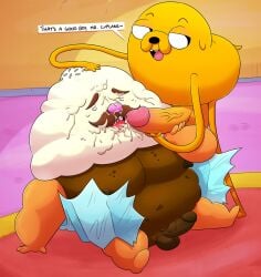 adventure_time anthro balls bodily_fluids canid canine canis cartoon_network cum cum_on_face domestic_dog duo food food_creature gay genital_fluids genitals hi_res humanoid_genitalia humanoid_penis jake_the_dog leonthelionel male male/male mammal mr._cupcake penis