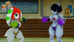 2girls 3d 3d_(artwork) anthro big_breasts big_thighs bikini_bottom black_hair boxing boxing_gloves boxing_ring boxing_stance breasts canine curvy duo female female_only freedom_planet freedom_planet_2 gloves green_eyes half-closed_eyes looking_at_each_other milla_basset neera_li nipples panda part_of_a_set purple_boxing_gloves purple_eyes purple_gloves red_hair sahanovazamat tagme tail thick thick_hips thick_thighs thighs thong topless topless_boxing two-tone_boxing_gloves two-tone_gloves video_games wide_hips