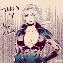 1girls clothed female female_only huge_breasts looking_at_viewer monochrome muscular muscular_female nina_williams nousk solo solo_female tekken tekken_7