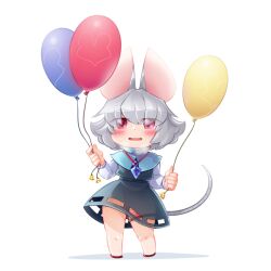 animal_ears balloon bbb_(33kudo) blue_capelet blush breath capelet commentary_request crystal egg_vibrator eyes_visible_through_hair female flat_chest full_body grey_hair grey_skirt grey_vest hair_between_eyes highres holding holding_balloon jewelry long_sleeves looking_at_viewer medium_bangs mouse_ears mouse_girl mouse_tail nazrin no_panties object_insertion open_mouth pendant red_eyes sex_toy shirt short_hair simple_background skirt smile solo standing tail touhou vaginal_object_insertion vaginal_penetration vest vibrator vibrator_in_thigh_strap white_background white_shirt