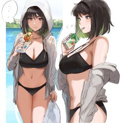 ... 1girl 1girls bag bikini black_bikini black_hair breasts brown_eyes closed_mouth clothes_down colored_inner_hair drink drinking eating food food_on_face from_side green_hair hair_between_eyes highres holding holding_bag holding_drink holding_food hood hoodie jacket juice_box large_breasts looking_at_viewer miru_(ormille) mole mole_on_breast mole_on_thigh mole_under_eye multicolored_hair multiple_views narrow_waist navel original ormille plastic_bag pool short_hair speech_bubble strap_gap streaked_hair sweater swimsuit two-tone_hair unworn_jacket water yakisobapan