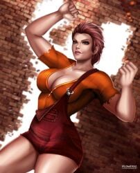 1female alternate_version_available biceps big_breasts breasts brick_wall broken_wall brown_eyes brown_hair cleavage disney flowerxl genderswap_(mtf) huge_breasts looking_at_viewer low_angle_view muscular_female orange_shirt pale-skinned_female pale_skin pink_lipstick ralph_(wreck-it_ralph) ralph_breaks_the_internet red_pants rule_63 short_hair slim_waist standing strong_woman suspenders watermark wreck-it_ralph