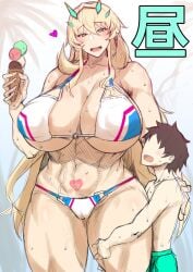 1boy 1girls barghest_(gawain)_(fate) barghest_(swimsuit_archer)_(final_ascension)_(fate) big_breast big_breasts bikini bikini_top breast breasts breasts_bigger_than_head bursting_breasts busty enormous_breasts fate/grand_order fate_(series) fujimaru_ritsuka_(male) giant_breasts gigantic_breasts huge_breasts hyper_breasts large_breasts larger_female light-skinned_female light-skinned_male light_skin massive_breasts perky_breasts size_difference smiling tanishi_(tani4) voluptuous