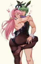 1boy 1girls :p alternate_costume animal_ears ass back backless_outfit bangs bare_back bare_shoulders big_ass black_leotard blunt_bangs blush bow bowtie breasts brown_pantyhose bunny_boy bunny_ears bunny_girl bunny_tail bunnysuit byleth_(fire_emblem) byleth_(fire_emblem)_(male) byleth_(male)_(fire_emblem) ceroccb closed_mouth commentary detached_collar earrings english_commentary enlightened_byleth_(male) fake_animal_ears fake_tail feet female fingernails fire_emblem fire_emblem:_three_houses green_eyes green_hair hair_between_eyes hand_on_another's_thigh highres hilda_valentine_goneril hoop_earrings hug jewelry large_breasts leg_up leotard long_hair looking_at_viewer looking_back male male_playboy_bunny muscular muscular_male nintendo no_shoes pantyhose pink_eyes pink_hair playboy_bunny ponytail purple_bow purple_bowtie rabbit_ears rabbit_tail short_hair sideboob simple_background soles standing standing_on_one_leg strapless strapless_leotard tail thighs tongue tongue_out twintails very_long_hair white_background wrist_cuffs