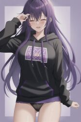 ai_generated ai_hands blush closed_eyes fenthefox hoodie open_mouth panties purple_hair raine