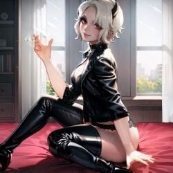 ai_generated black_panties cigarette cigarette_holder cigarette_smoke cross demon_girl demon_horns helltaker helltaker_(character) leather_boots leather_jacket looking_at_viewer panties photoshop red_eyes sitting_on_bed smoke stable_diffusion zdrada_(helltaker)