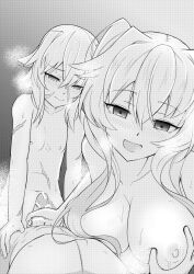 2girls anne_bonny_(fate) blush breasts fate/grand_order fate_(series) greyscale handjob highres large_breasts long_hair looking_at_viewer mary_read_(fate) monochrome multiple_girls nipples pov scar scar_on_face short_hair small_breasts smile zenrakishi