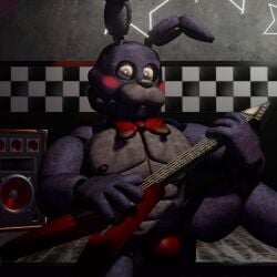 abs animatronic black_nose blush bonnie_(fnaf) bow_accessory bow_tie bulge clothing electric_guitar five_nights_at_freddy's guitar hi_res humanoid indigo_fur lagomorph leporid machine male male_only mammal muscular muscular_male musical_instrument nipples on_stage pink_eyes playing_guitar playing_music plucked_string_instrument polishbonnie rabbit red_blush red_bow red_bow_tie red_clothing red_guitar red_underwear robot robot_humanoid scottgames sitting solo string_instrument underwear