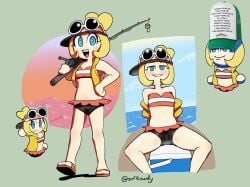 1girls bikini bikini_top blonde_hair blue_eyes blush cap coraline_(mii_plaza) eyewear_on_head feet female fishing_hat fishing_rod green_background hair_bun heart limbless looking_at_viewer meme mii nintendo oofrowdy open_jacket open_mouth partially_clothed partially_clothed_female posing sitting solo spread_legs streetpass_mii_plaza sunglasses sunglasses_on_head swimsuit swimwear